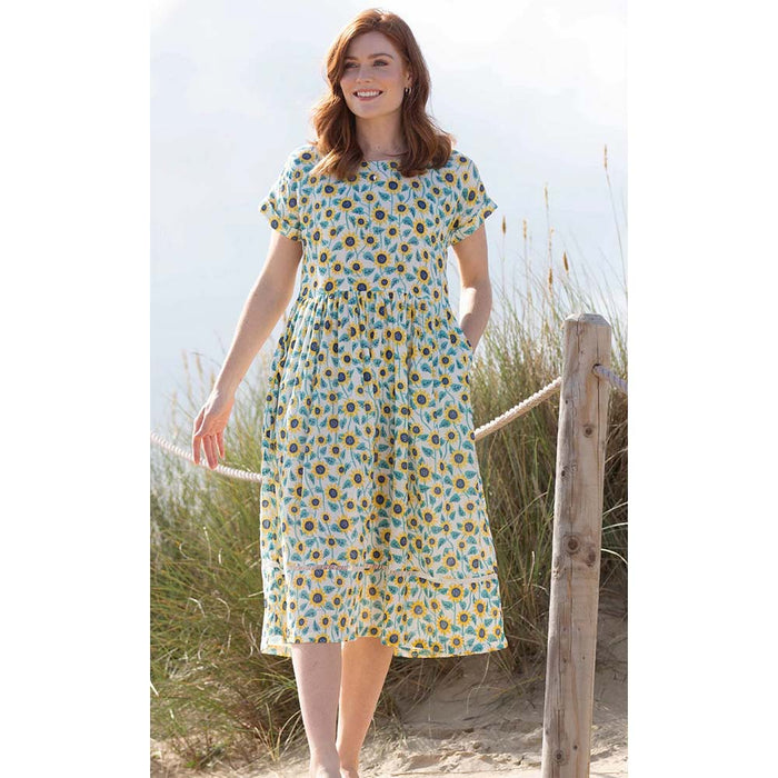 Kite Everley sunflowers muslin dress. Midi length and short sleeves. Front view.