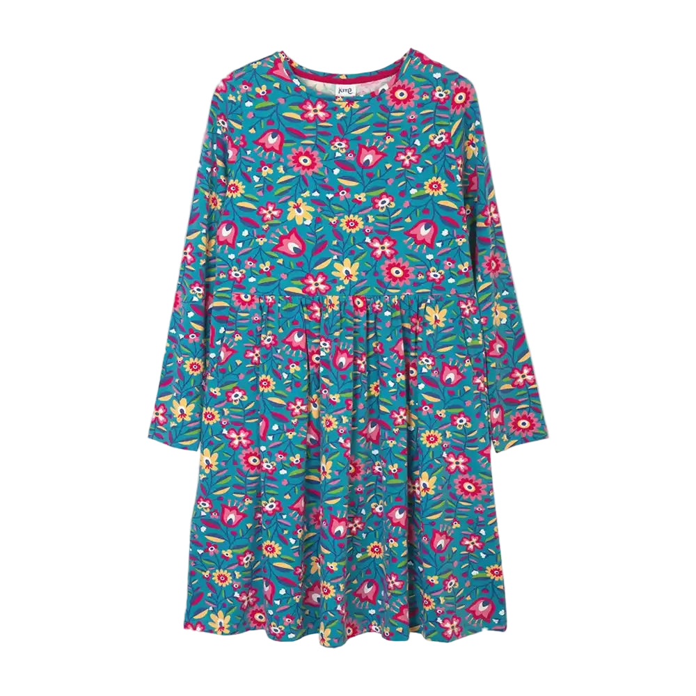 A long-sleeve A-line dress with a vibrant multicolor floral print on a teal background, featuring pink, red, yellow, and green flowers and leaves.