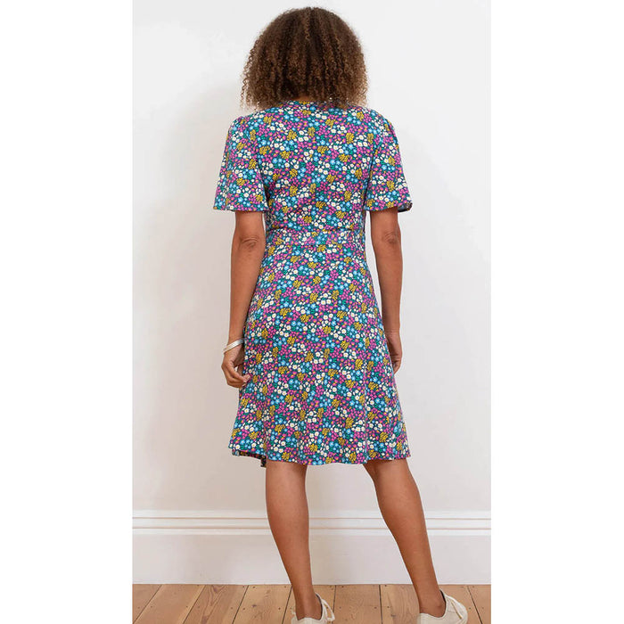 Kite Highcliffe floral, short sleeve, knee length dress. V neck. Back view.