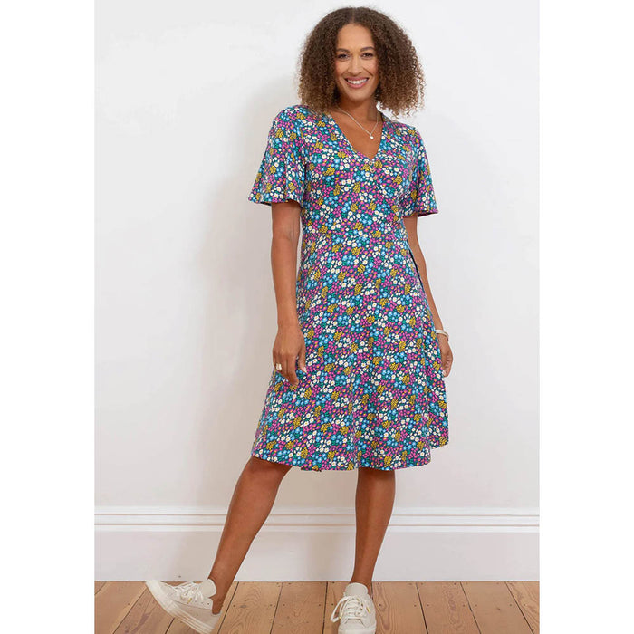 Kite Highcliffe floral, short sleeve, knee length dress. V neck. Front view.