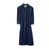 Kite denim knee length dress. Matching belt. Buttoned V neck and collar. Flat view.