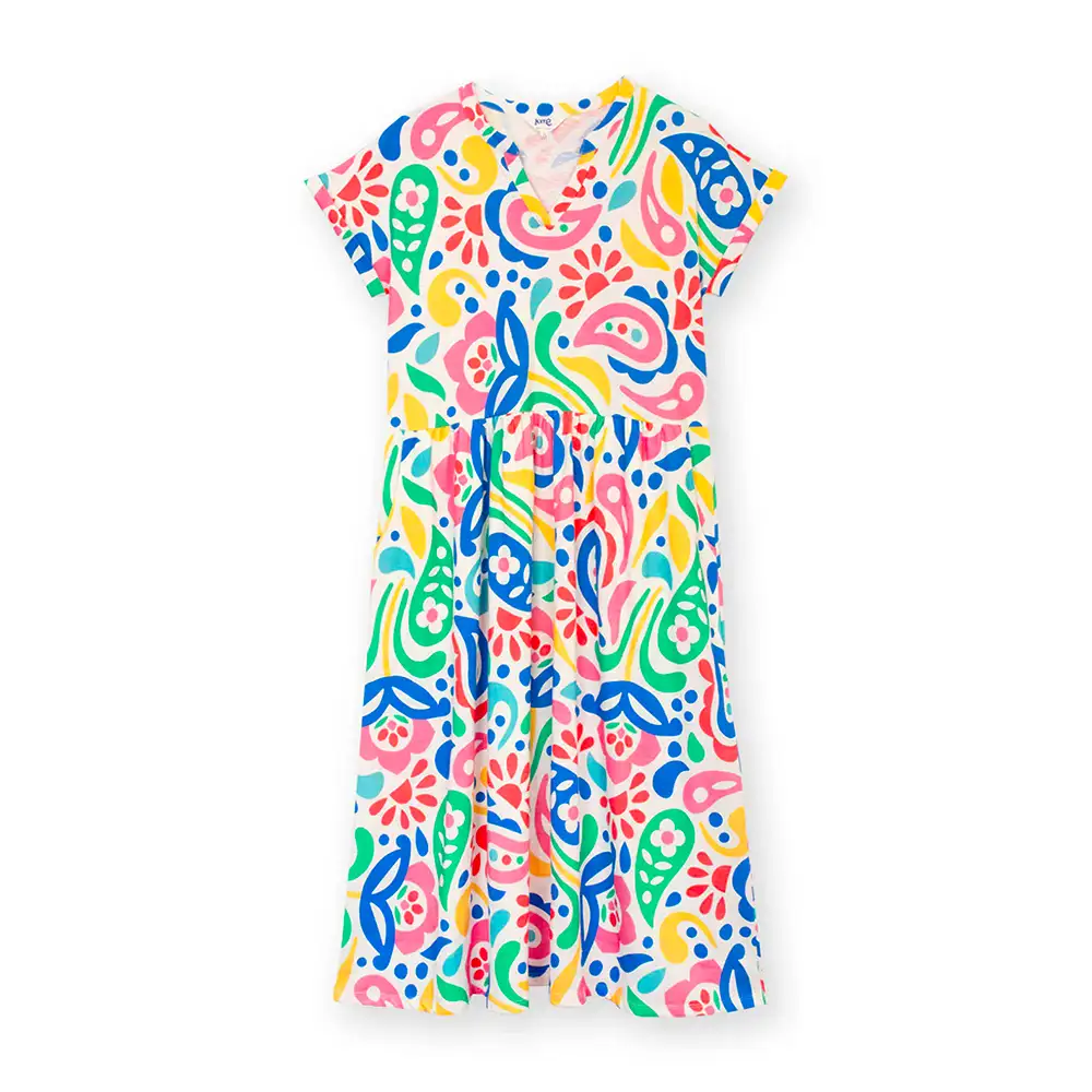 Front of a white based dress with a large rainbow coloured paisley print. Dress has short sleeves 