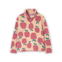 A fleece quarter-zip pullover jacket featuring a repeating pattern of pink apples with teal stems on a cream-colored background, shown flat against a white background.
