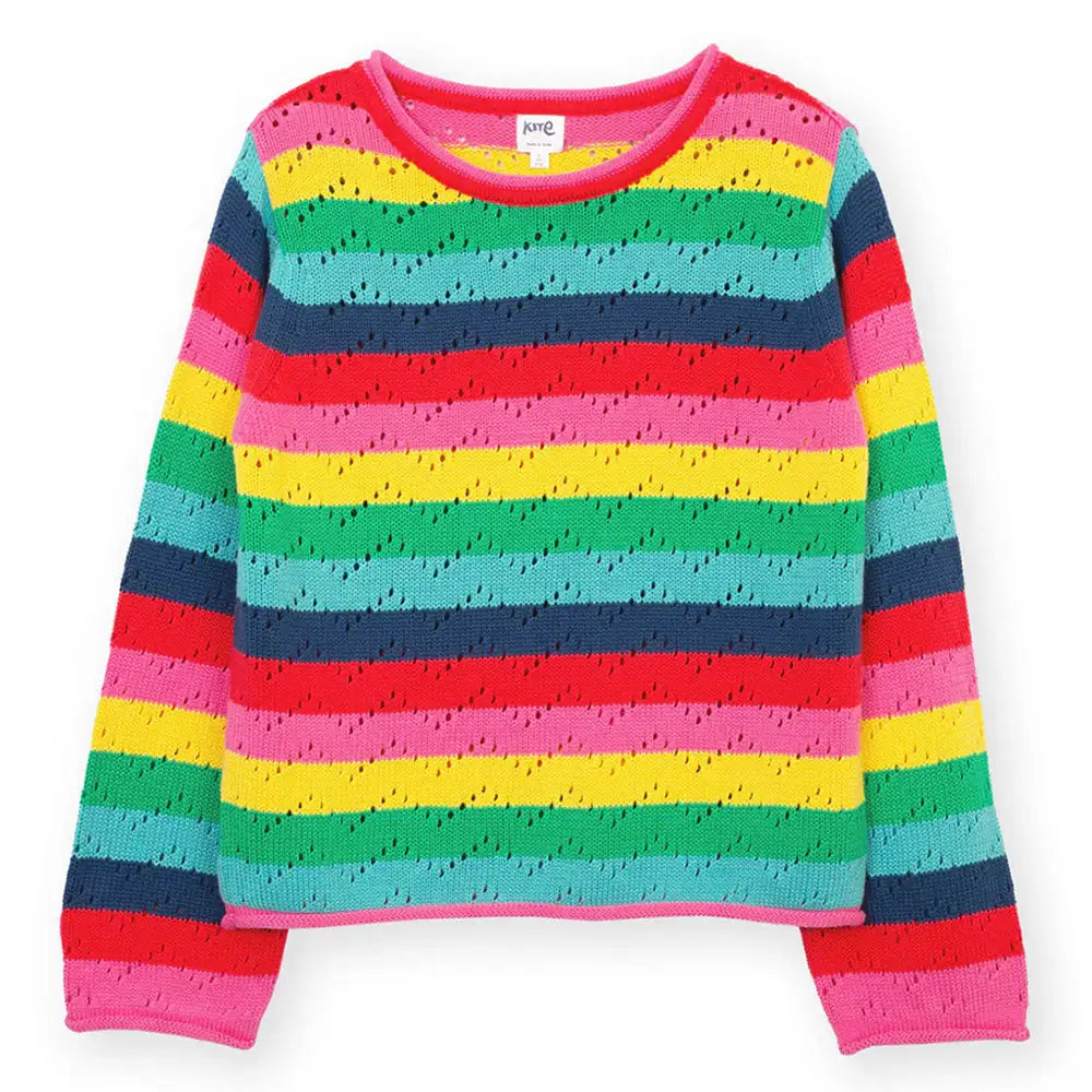 The front of a rainbow striped knitted jumper with a zig zag cut out design. 