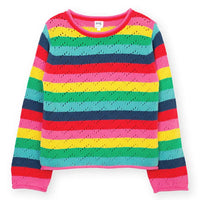 The front of a rainbow striped knitted jumper with a zig zag cut out design. 
