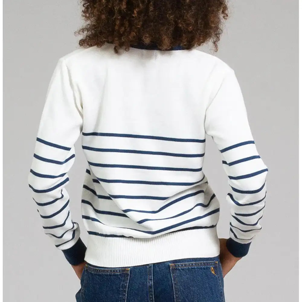 White jumper with horizontal navy stripes 