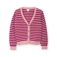 A pink and deep magenta chevron-patterned cardigan sweater with wooden buttons, laid flat on a white background.