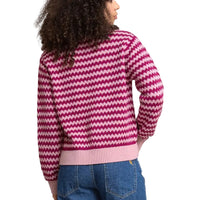 A person shown from the back wearing a pink and white chevron-patterned knit sweater with light pink ribbed trim, paired with blue jeans, against a plain studio background.
