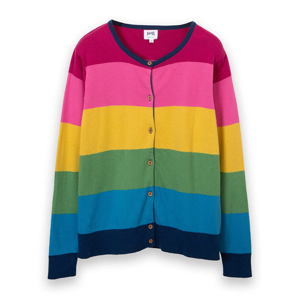 Kite rainbow 7 button cardigan. Round neck. Flat view.