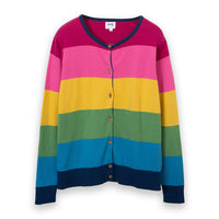 Kite rainbow 7 button cardigan. Round neck. Flat view.