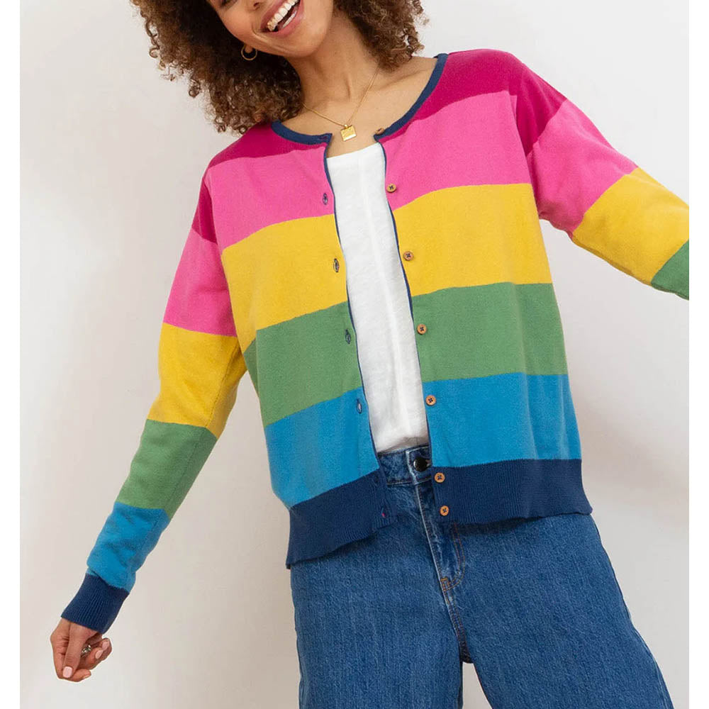 Kite rainbow 7 button cardigan. Round neck. Front view.