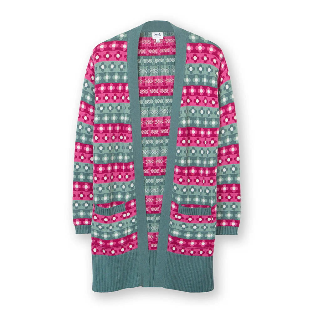 Kite knitted long cardigan with pockets. Green with pink and green floral striped pattern. Flat view.