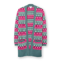 Kite knitted long cardigan with pockets. Green with pink and green floral striped pattern. Flat view.