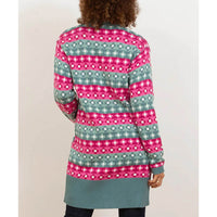 Kite knitted long cardigan with pockets. Green with pink and green floral striped pattern. Back view.