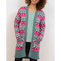 Kite knitted long cardigan with pockets. Green with pink and green floral striped pattern. Front view.