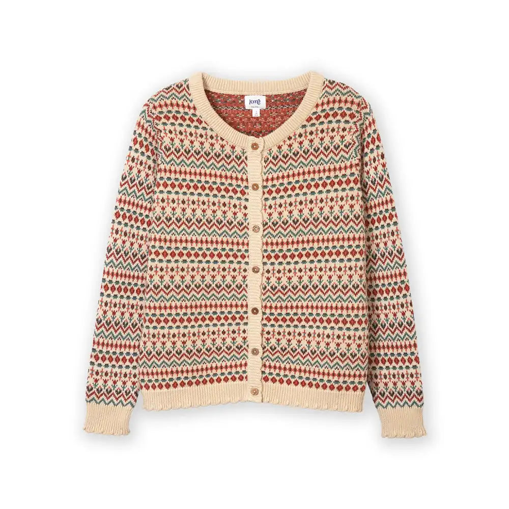 A cream-colored knit cardigan sweater featuring a colorful Fair Isle pattern with red, green, and blue geometric motifs, shown against a plain white background.