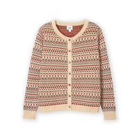 A cream-colored knit cardigan sweater featuring a colorful Fair Isle pattern with red, green, and blue geometric motifs, shown against a plain white background.