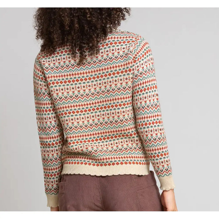 A person shown from the back wearing a long-sleeve knit sweater with a multicolor Fair Isle pattern in cream, rust orange, and teal, paired with brown trousers, against a light gray studio background.