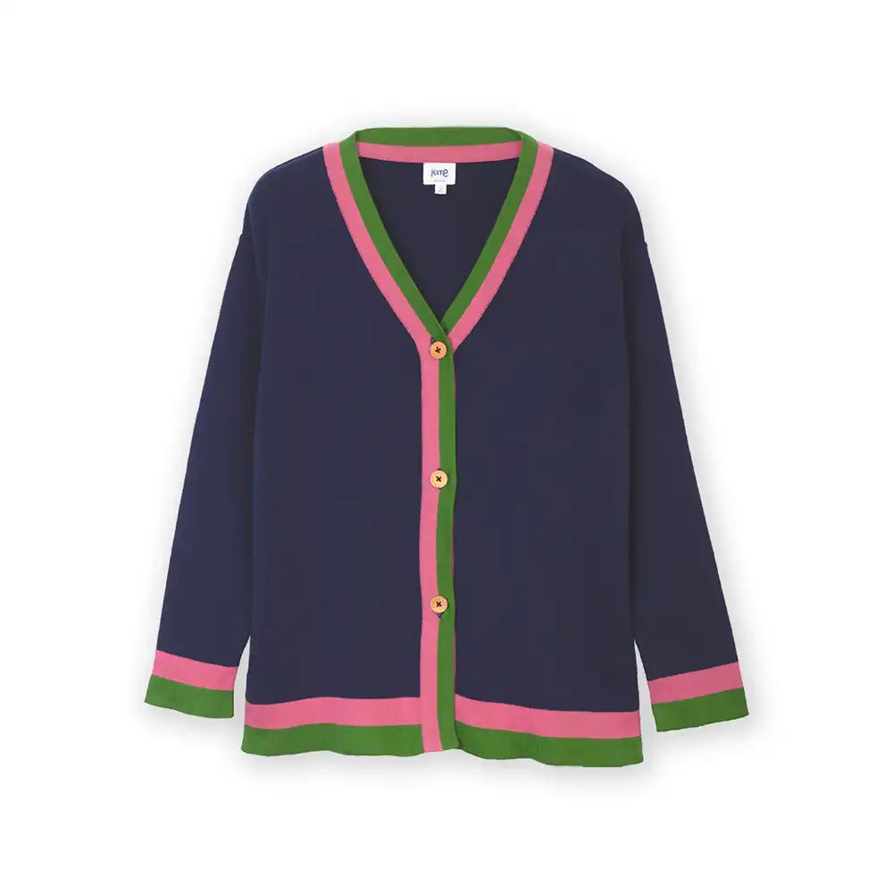 A navy blue knit cardigan sweater with pink and green striped trim along the V-neck, front opening, cuffs, and hem, featuring gold buttons, shown on a plain white background.