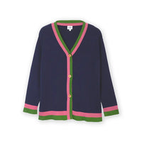 A navy blue knit cardigan sweater with pink and green striped trim along the V-neck, front opening, cuffs, and hem, featuring gold buttons, shown on a plain white background.