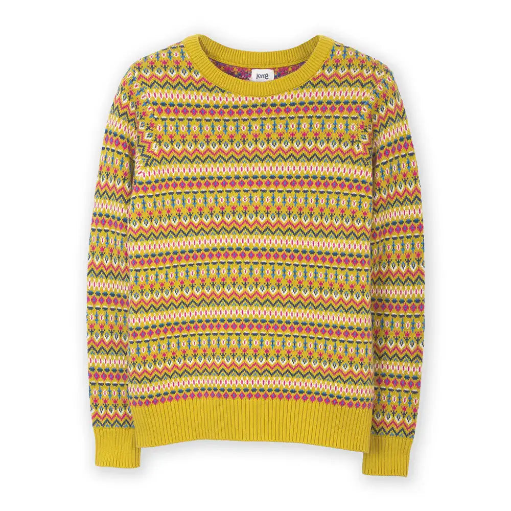 A long-sleeve crewneck sweater with a vibrant multicolor Fair Isle pattern featuring yellow, green, pink, orange, and white stripes, displayed flat against a white background.