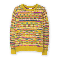 A long-sleeve crewneck sweater with a vibrant multicolor Fair Isle pattern featuring yellow, green, pink, orange, and white stripes, displayed flat against a white background.