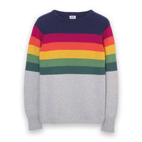 Kite knitted jumper. Dark green, green, yellow, orange, cerise and navy blue wide stripes around the top of the garment. Flat view.