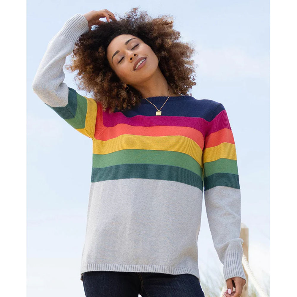 Kite knitted jumper. Dark green, green, yellow, orange, cerise and navy blue wide stripes around the top of the garment. Front view.