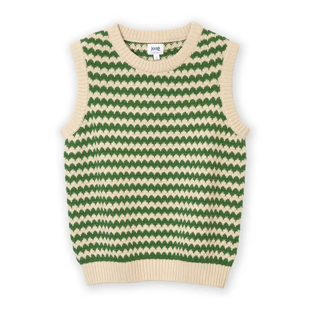 A sleeveless knit sweater vest with a green and cream zigzag pattern, featuring ribbed trim at the crew neck, armholes, and hem. The brand name 'KITE' is visible on the inner neck label.
