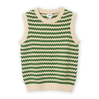 A sleeveless knit sweater vest with a green and cream zigzag pattern, featuring ribbed trim at the crew neck, armholes, and hem. The brand name 'KITE' is visible on the inner neck label.