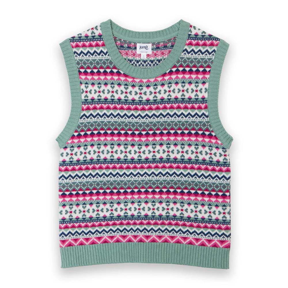 Kite knitted tank top. Pinks, greens, blues and white pattern. Light green edges. Flat view.