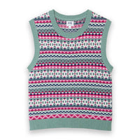 Kite knitted tank top. Pinks, greens, blues and white pattern. Light green edges. Flat view.