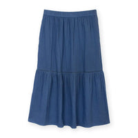 Front of a navy blue tiered skirt