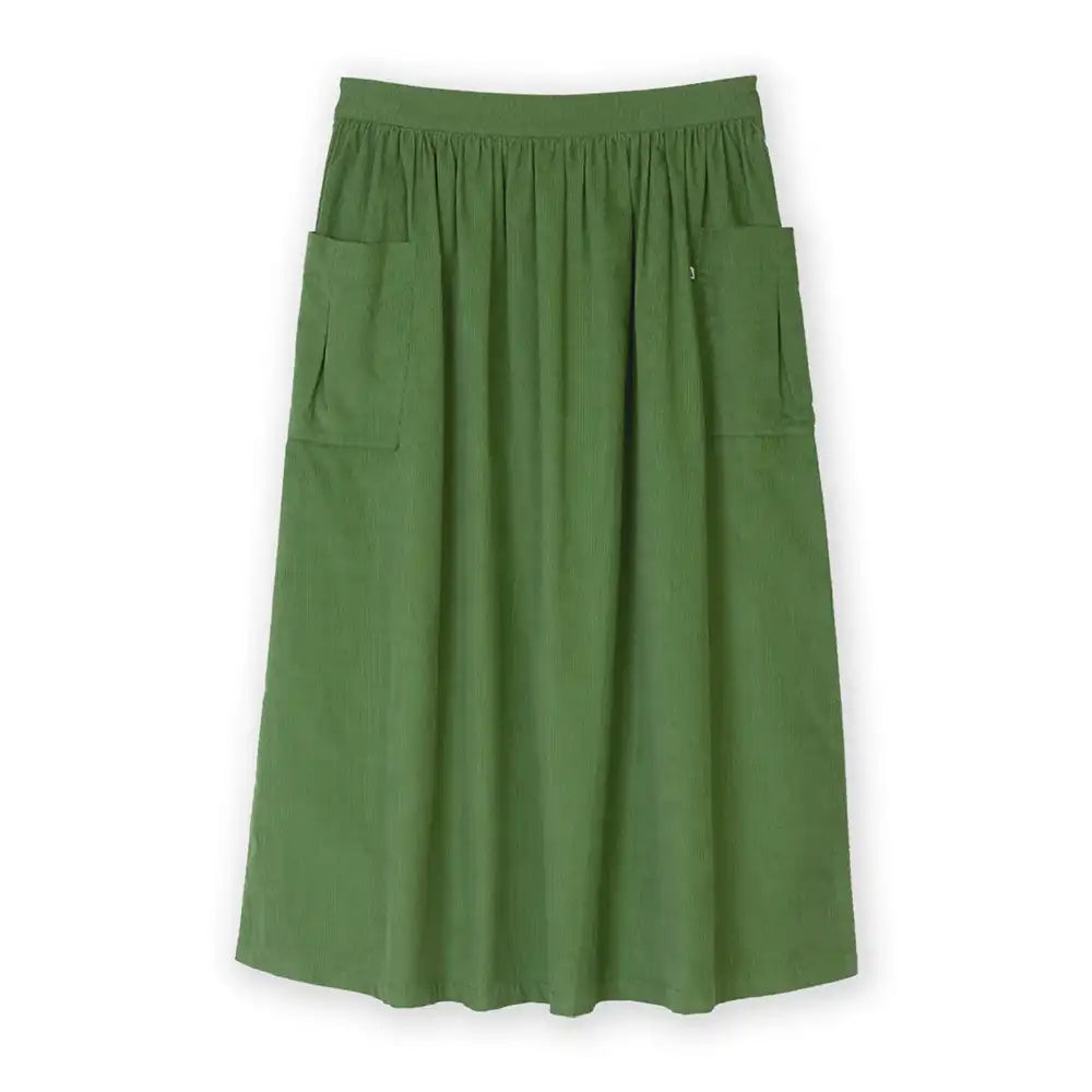 A green midi skirt with a gathered elastic waistband and two large front patch pockets, shown flat against a white background.