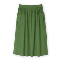 A green midi skirt with a gathered elastic waistband and two large front patch pockets, shown flat against a white background.