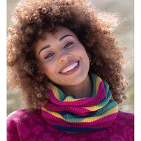 Kite rainbow knitted snood. Worn by model.