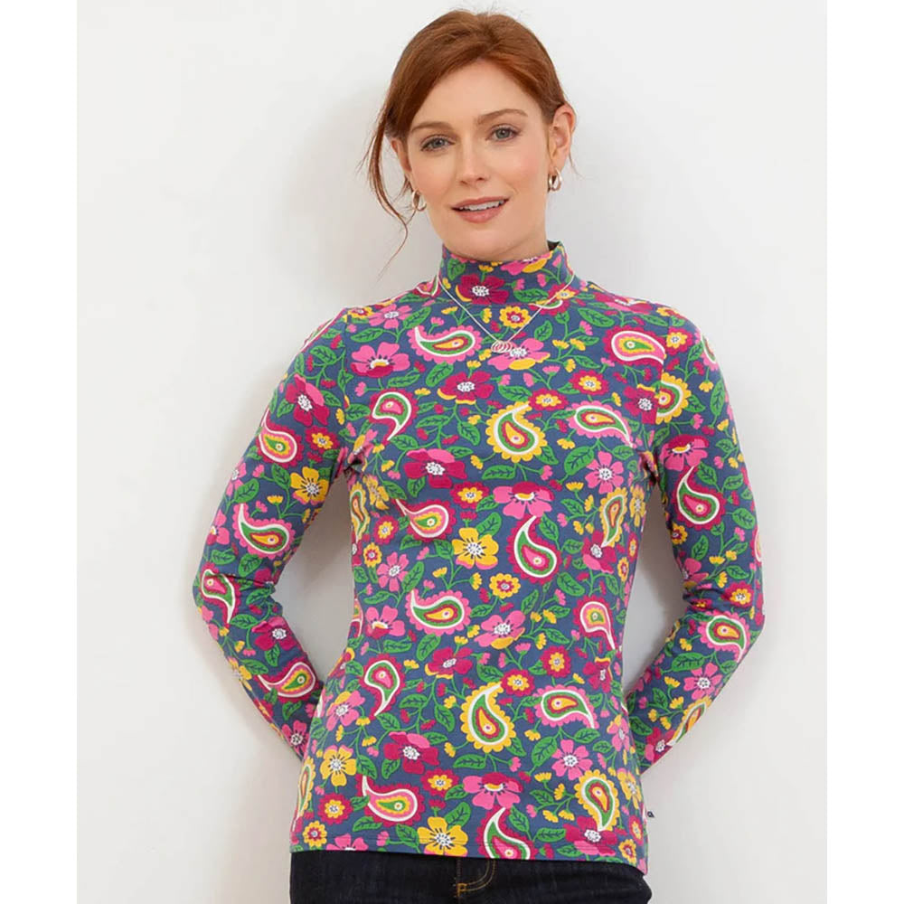 Kite turtle neck brightly coloured paisley and floral top. Front view.