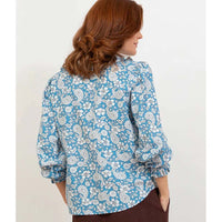 Kite blue paisley blouse. Oversided collar. Frilled cuffs. Back view.