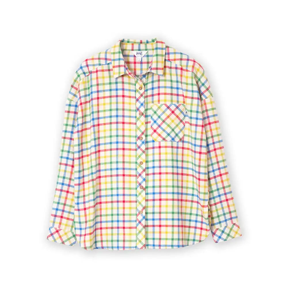 A long-sleeve button-up shirt with a colorful plaid pattern in yellow, green, blue, and red, featuring a chest pocket and a pointed collar, shown against a plain white background.