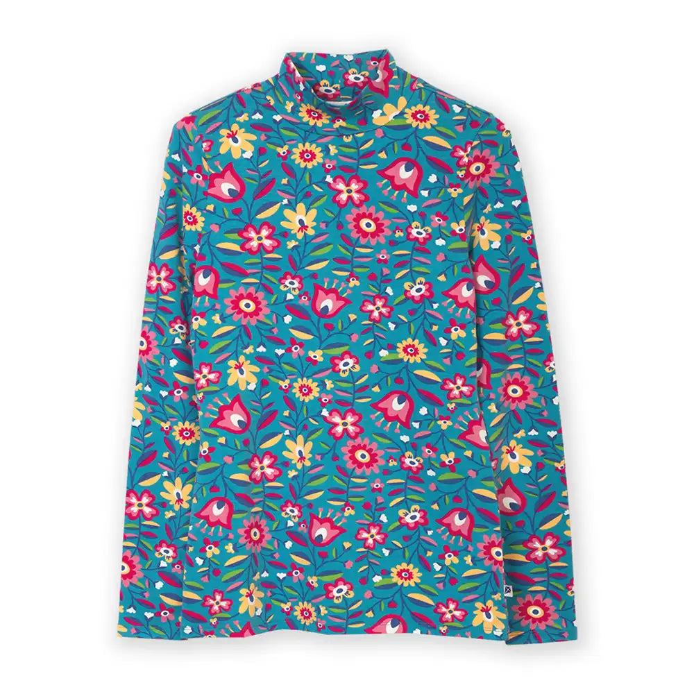 A long-sleeve mock neck shirt with a vibrant, dense floral and bird pattern on a teal background, displayed flat against a white background.