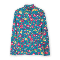 A long-sleeve mock neck shirt with a vibrant, dense floral and bird pattern on a teal background, displayed flat against a white background.
