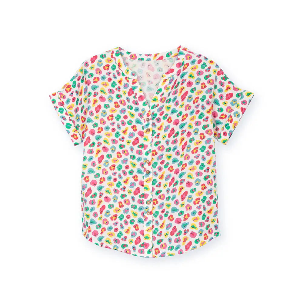 Short-sleeve shirt with colorful floral pattern on a white background