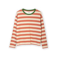 A long-sleeve crewneck shirt with horizontal stripes in terracotta orange and cream, featuring a contrasting green ribbed collar. 
