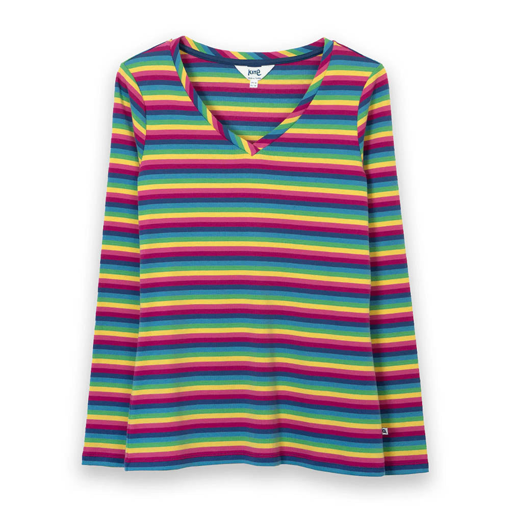 Kite rainbow V neck long sleeved tee shirt. Flat view.