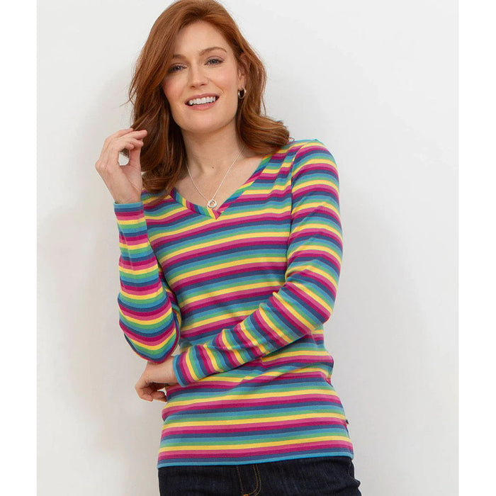 Kite rainbow V neck long sleeved tee shirt. Front view.