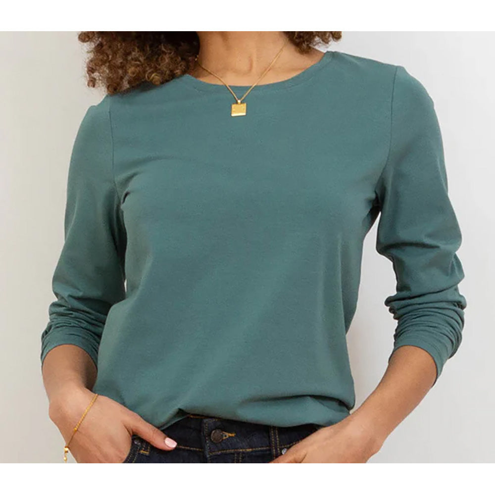 Kite long sleeved tee shirt in pine green. Front view.