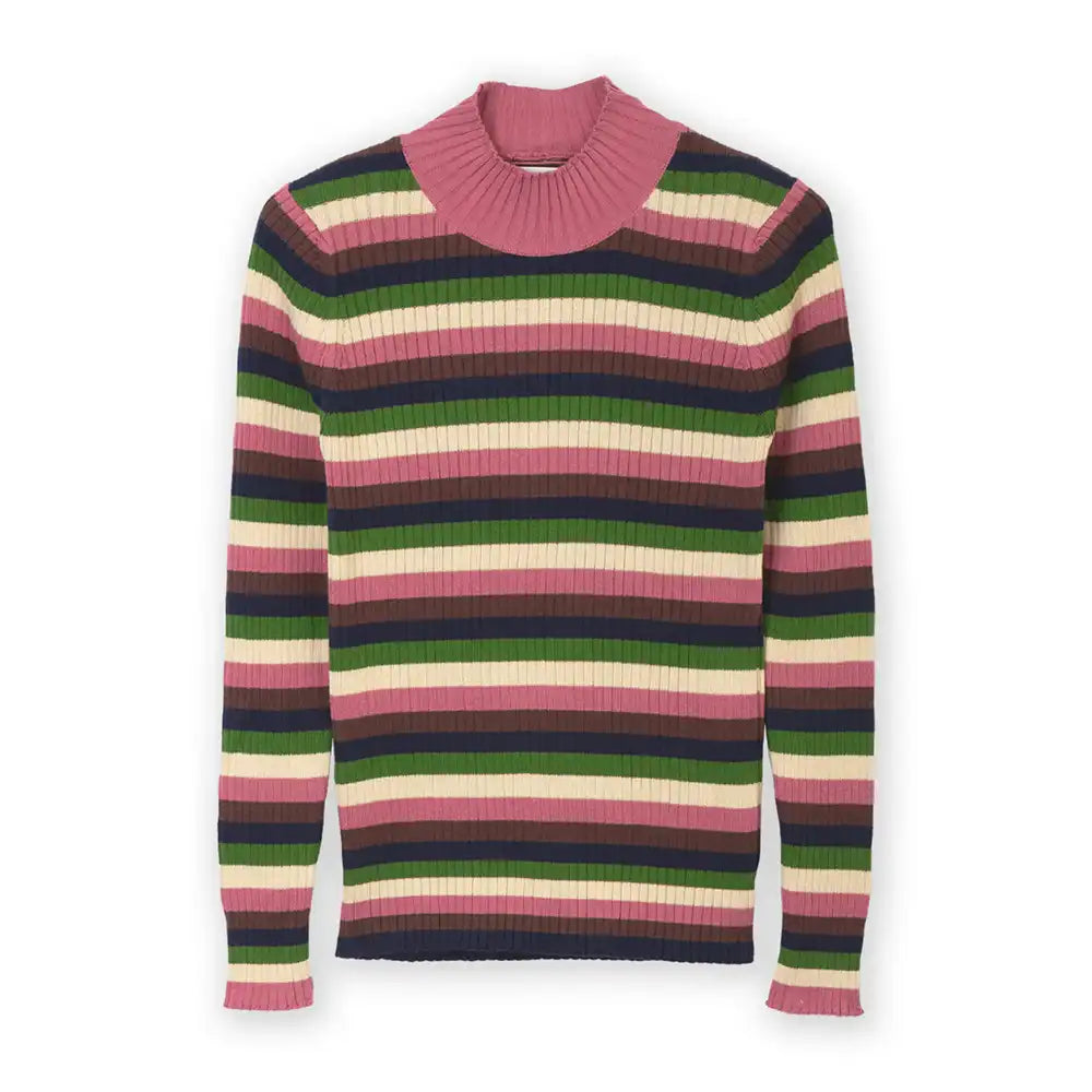A long-sleeve ribbed knit mock neck sweater with horizontal stripes in pink, green, navy, and cream, displayed on a clean white background.