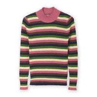 A long-sleeve ribbed knit mock neck sweater with horizontal stripes in pink, green, navy, and cream, displayed on a clean white background.