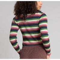 A model shown from the back wearing a long-sleeve ribbed knit sweater with horizontal stripes in pink, green, navy, and cream, paired with brown corduroy pants against a solid gray background.