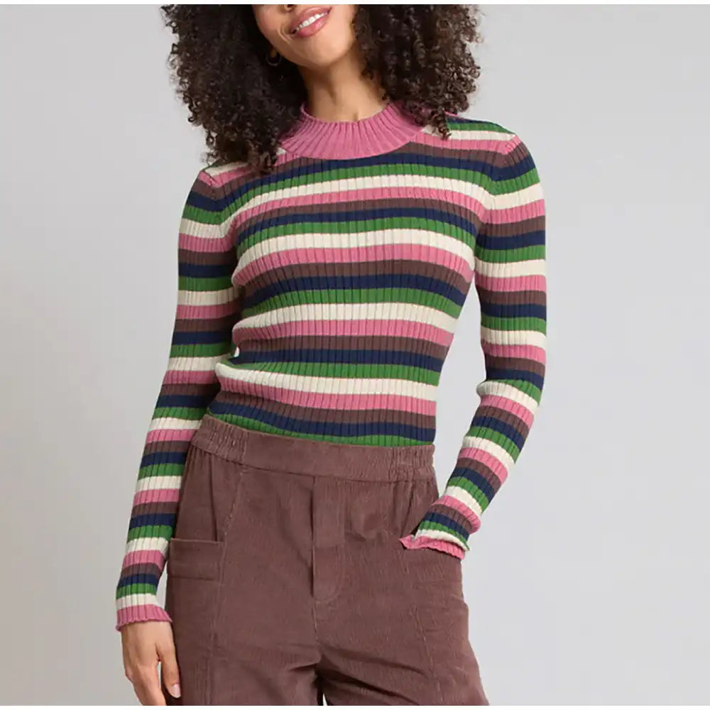 A long-sleeve ribbed knit mock neck sweater with horizontal stripes in pink, green, navy, and cream, displayed on a clean white background.